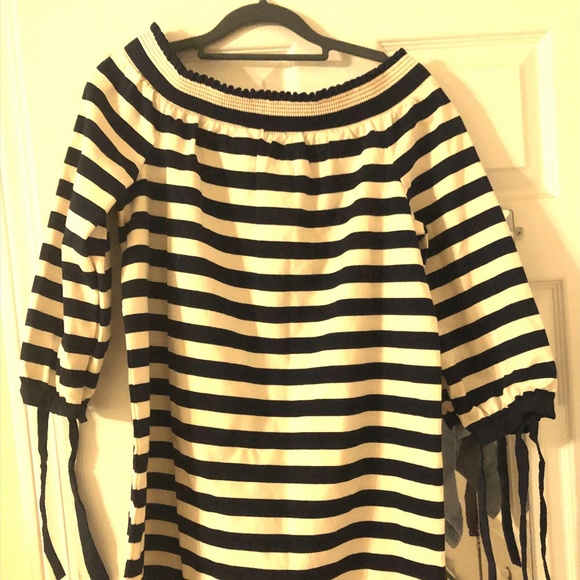 JCrew Striped Off the Shoulder Navy Muslin Dress - Picture 1 of 4